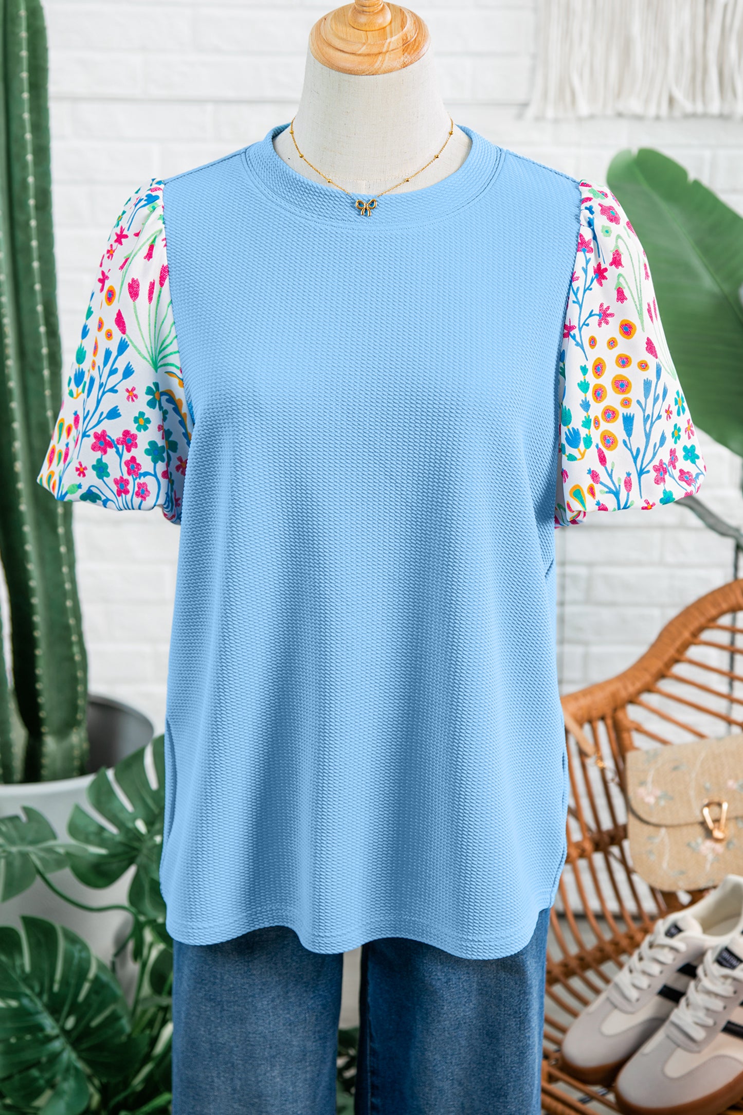 Blue Textured Floral Puff Sleeve Blouse