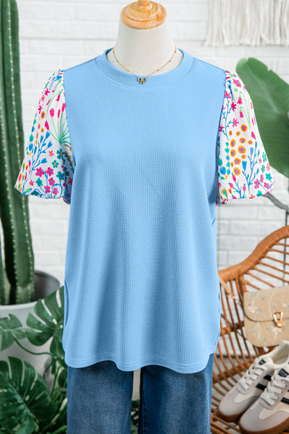 Blue Textured Floral Puff Sleeve Blouse