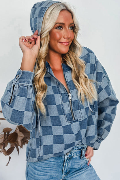 Sky Blue Checkerboard Quarter Zip Denim Hoodie with Pocket
