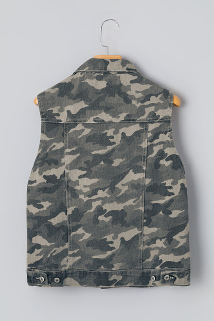 Camo Cargo Button Down Denim Vest with Utility Pockets