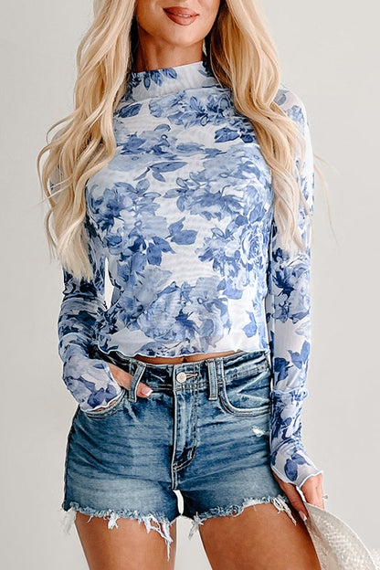 Blue Floral Mesh Mock Neck Long Sleeve Fitted Top