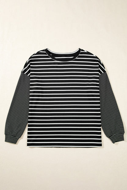 Black Striped Patchwork Loose Long Sleeve Tee