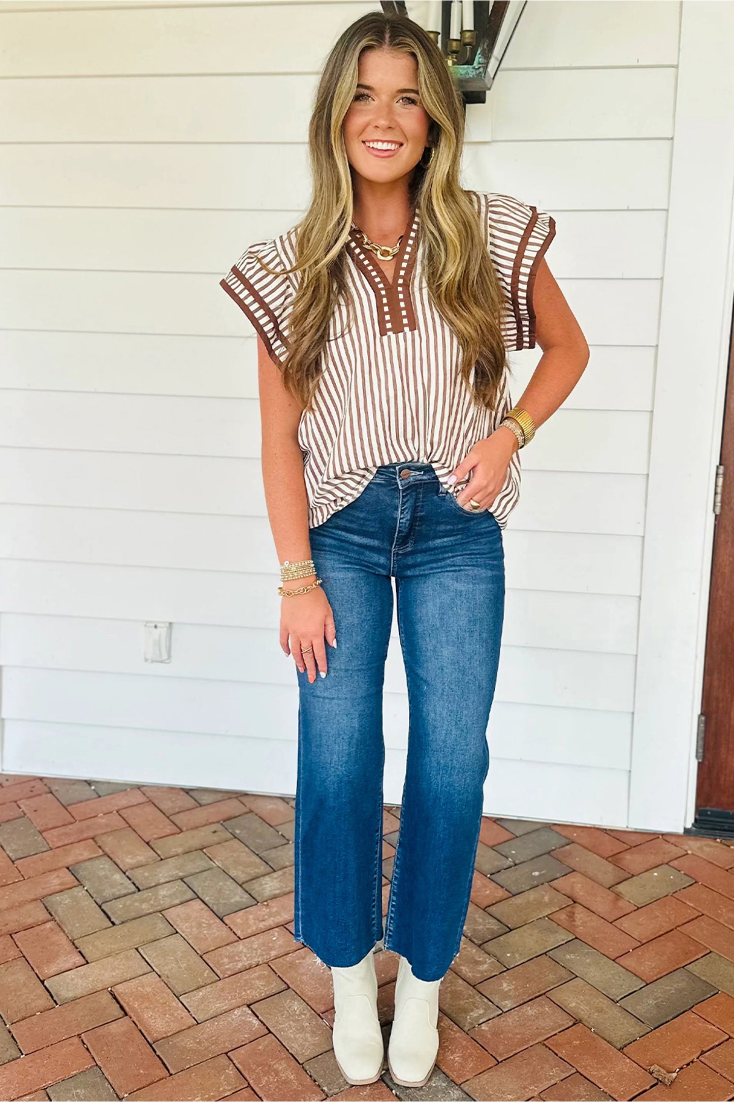 Khaki Stripe Double Ruffled Short Sleeve V Neck Blouse