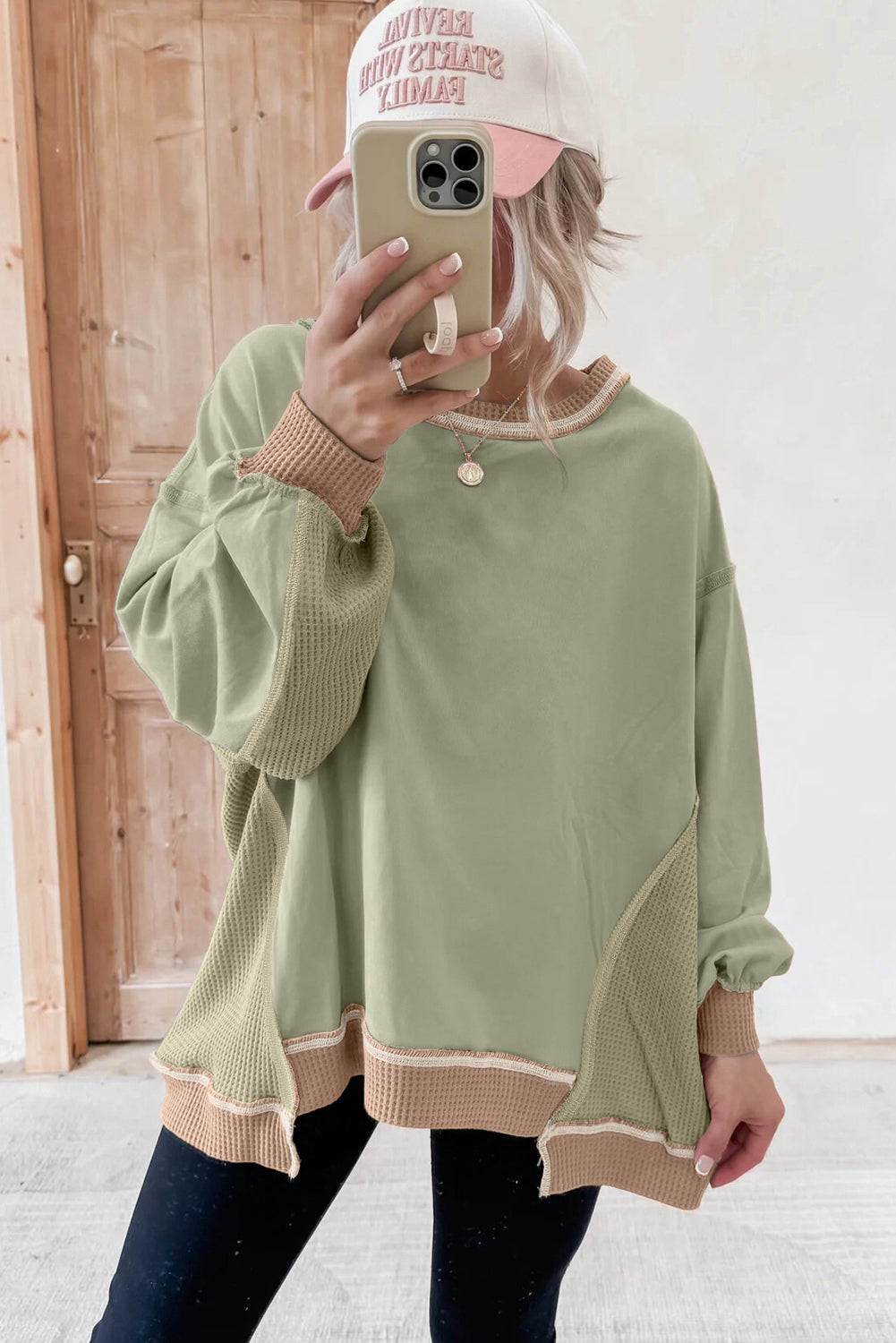 Color Block Patchwork Waffle Knit Oversized Sweatshirt