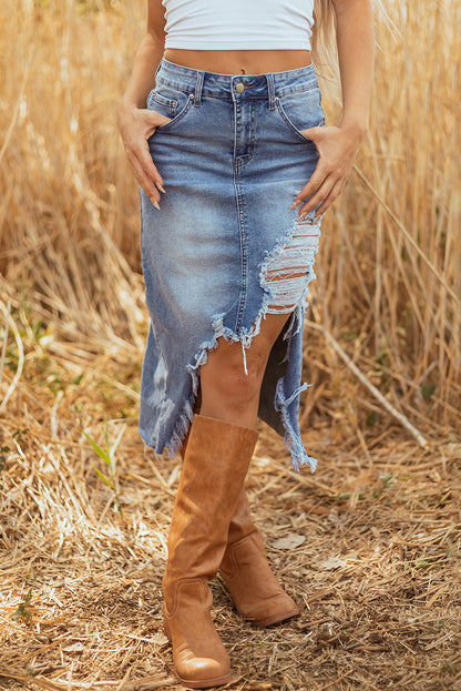 Distressed High Waist Asymmetrical Denim Midi Skirt