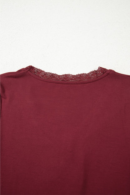 Smoke Gray Lace Trim Ruched V Neck Long Sleeve Women’s Top