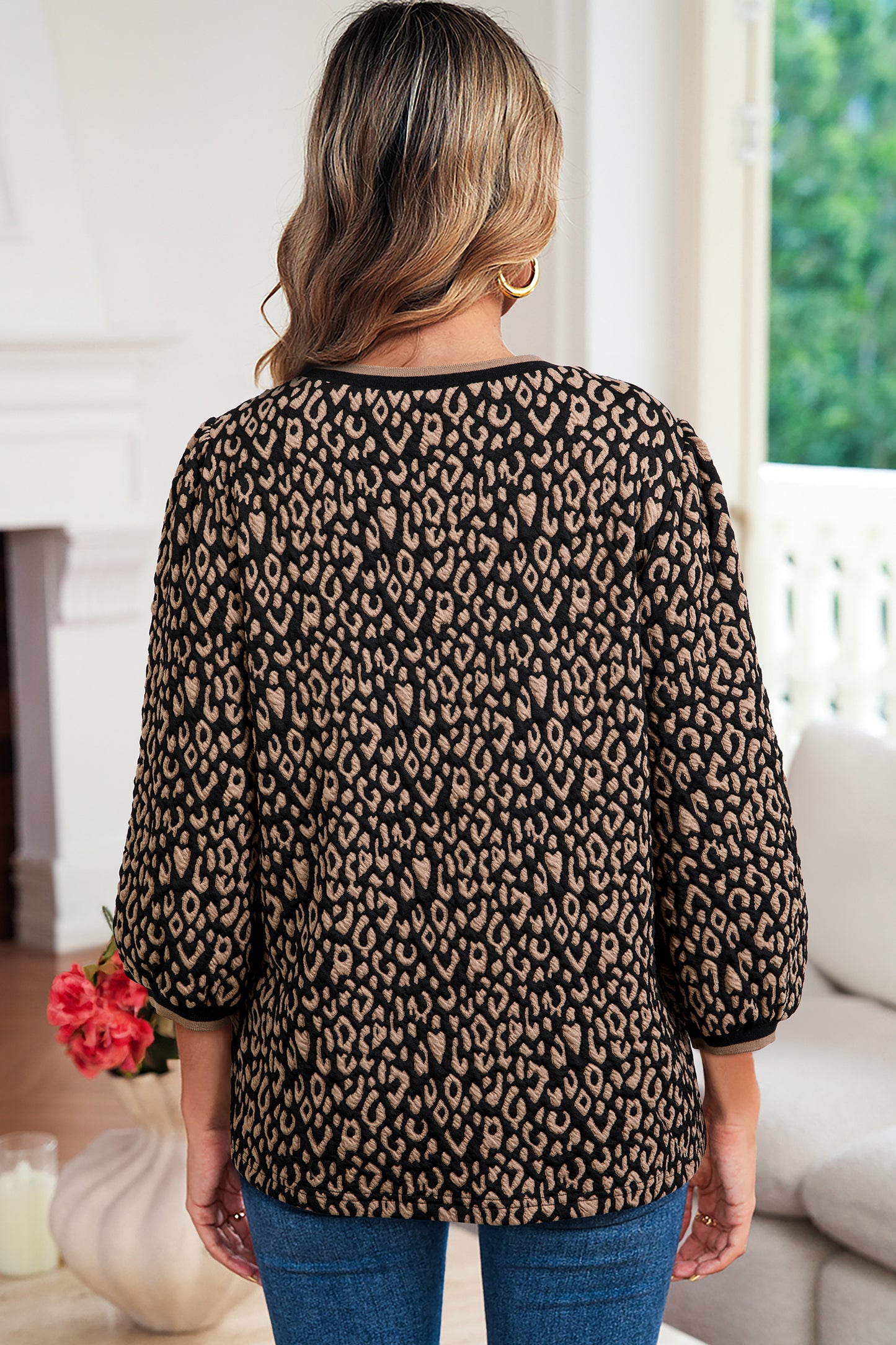 Leopard Print Crew Neck Puff Sleeve Knit Top