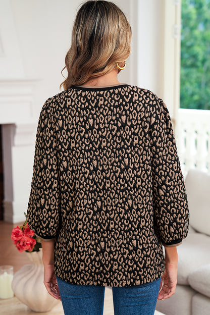 Leopard Print Crew Neck Puff Sleeve Knit Top