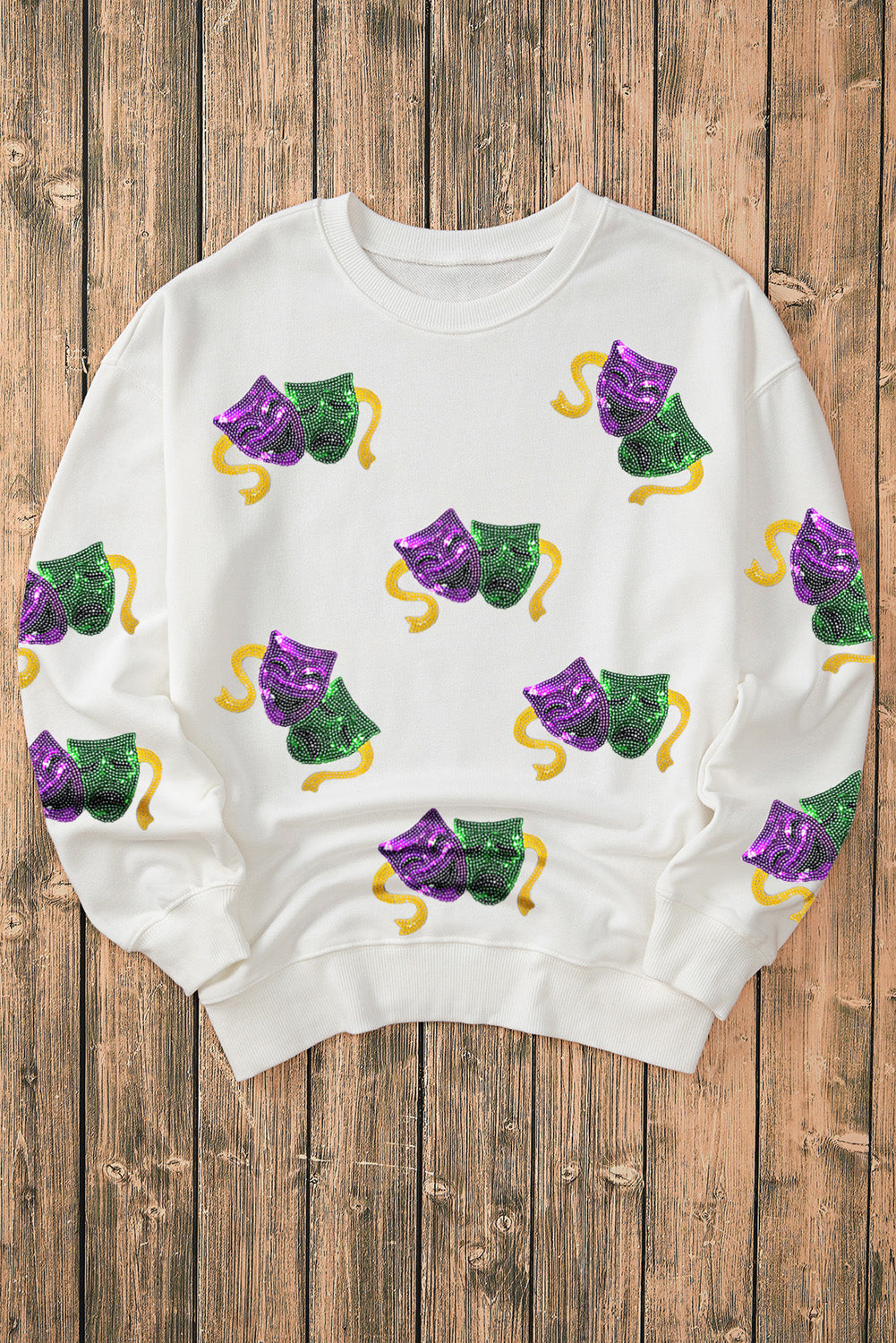 White Sequined Mardi Gras Mask Drop Shoulder Sweatshirt