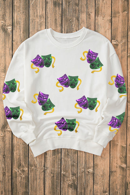 White Sequined Mardi Gras Mask Drop Shoulder Sweatshirt