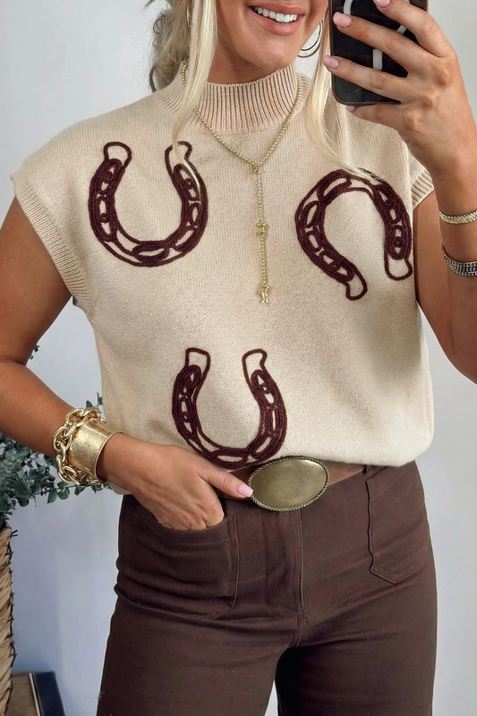 Western Horseshoe Knit Top Mock Neck Sweater Vest