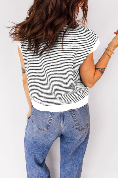 Striped Knit Cap Sleeve Button Down Casual Cardigan Top