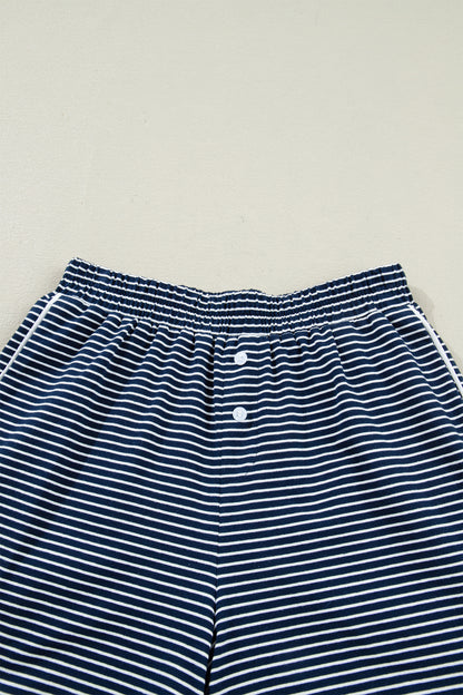 Blue Striped Long Sleeve Top and Buttoned Shorts Lounge Set