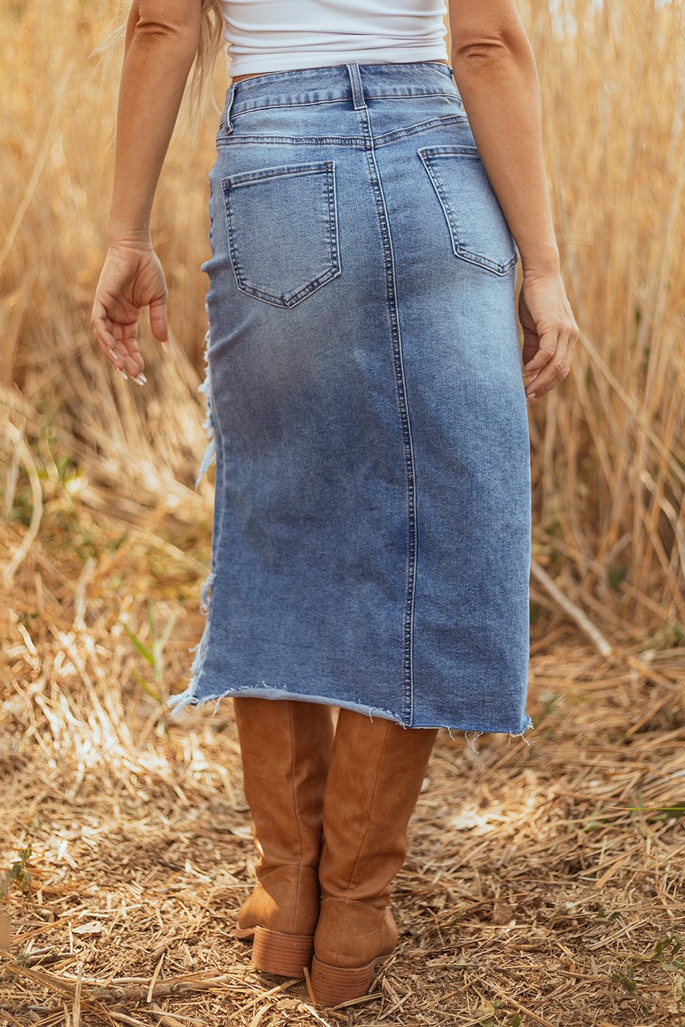 Distressed High Waist Asymmetrical Denim Midi Skirt