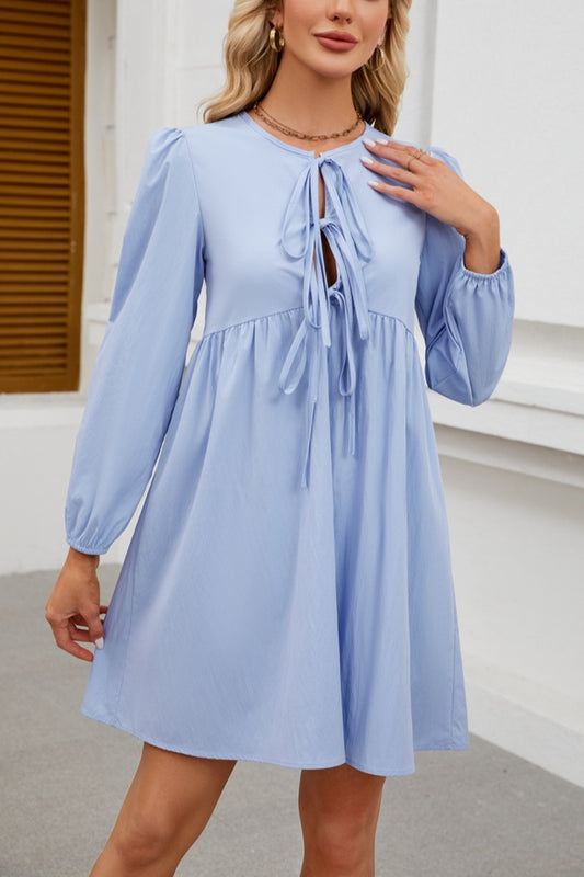 Bow Tie Long Sleeve Babydoll Dress with A-Line Silhouette
