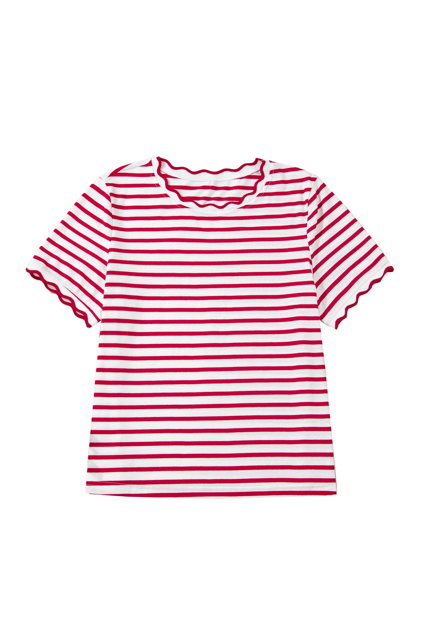 Red Stripe Scalloped Trim Short Sleeve Round Neck Tee