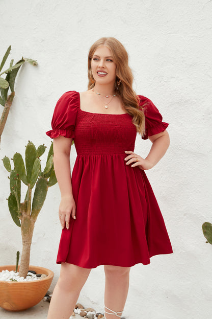 Women's Square Neck Flounce Short Sleeve Shirred Ruffle Hem Dress