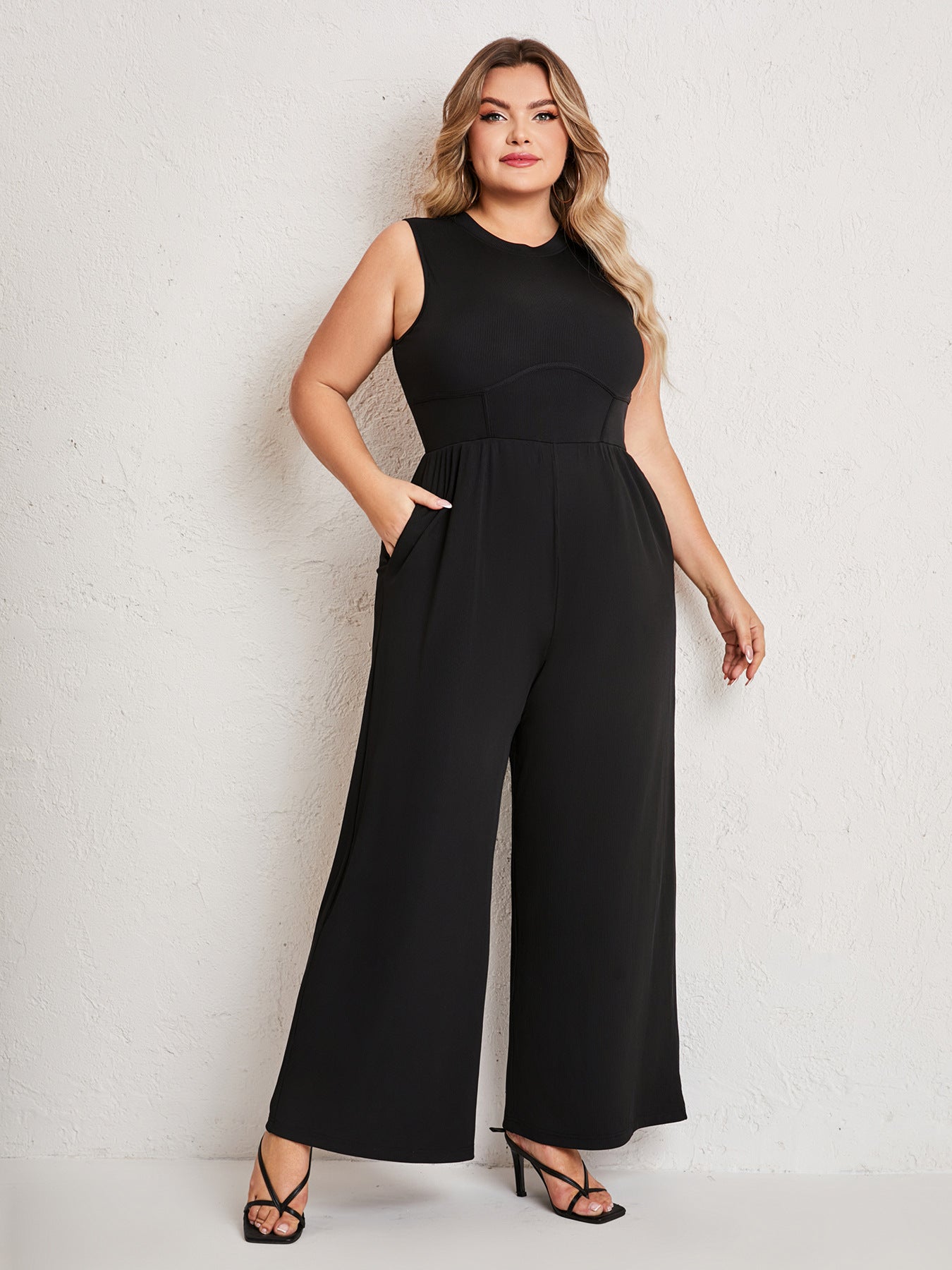 Womens Summer One Piece Sleeveless Wide Leg Pants Rompers With Pockets Plus Size