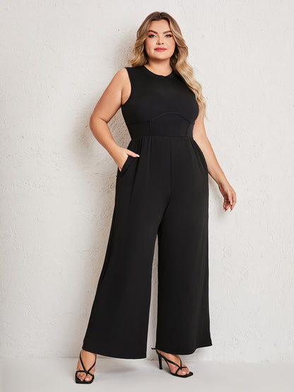 Womens Summer One Piece Sleeveless Wide Leg Pants Rompers With Pockets Plus Size