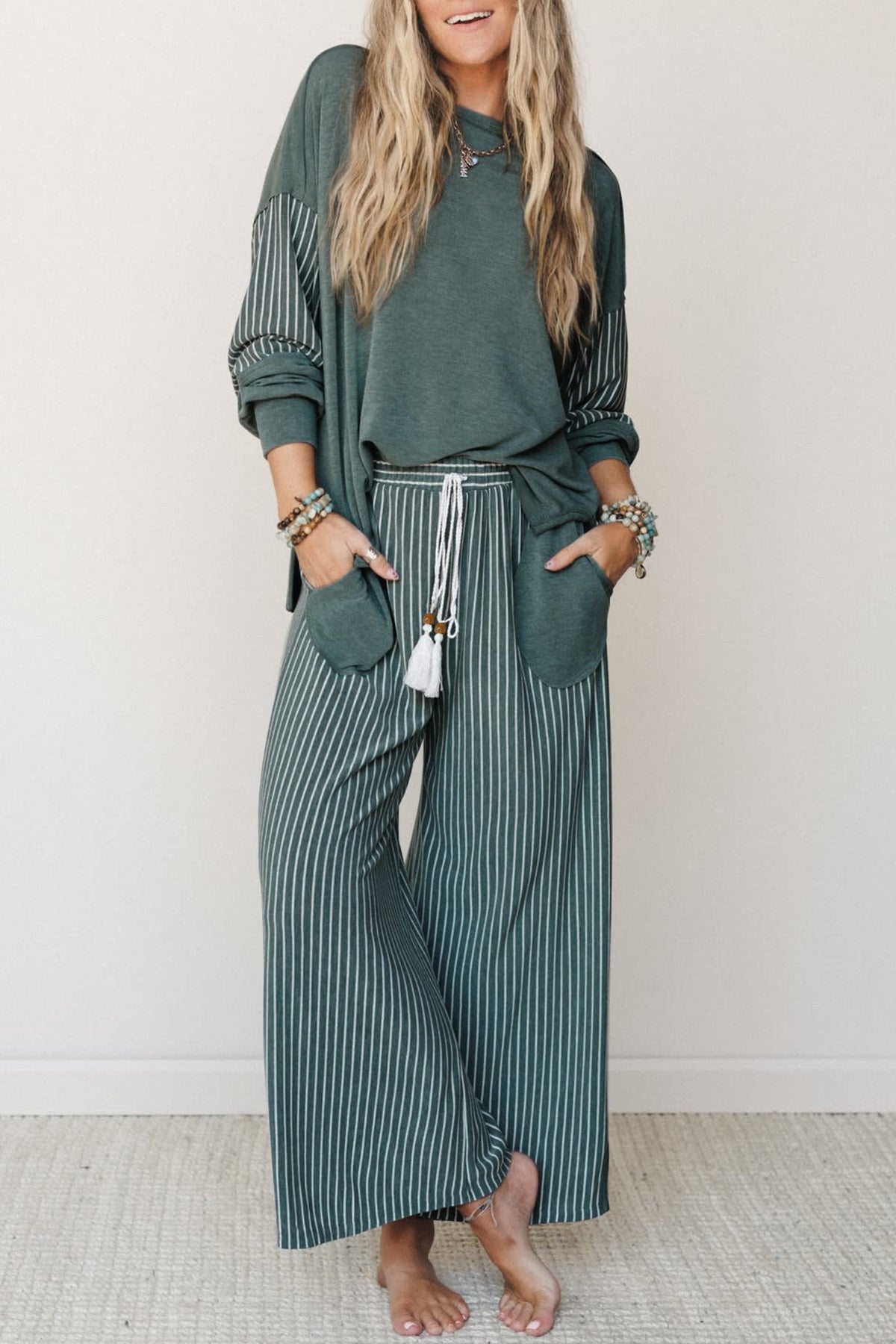 Women’s Stripe 2 Piece Lounge Set Long Sleeve Top Wide Leg Pants