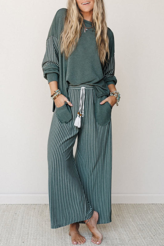 Women’s Stripe 2 Piece Lounge Set Long Sleeve Top Wide Leg Pants