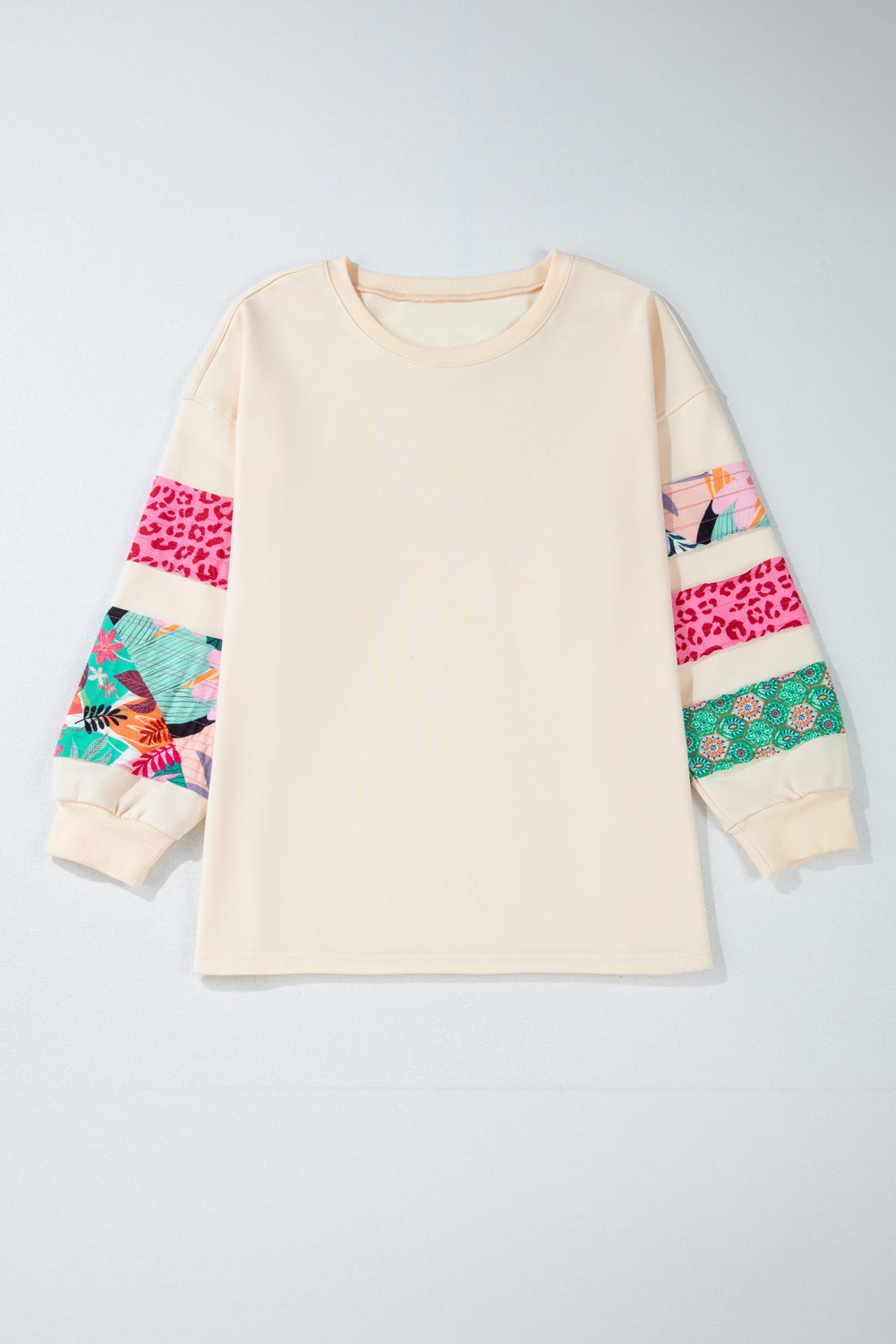 Beige Plus Size Printed Patchwork Sleeve Split Sweatshirt