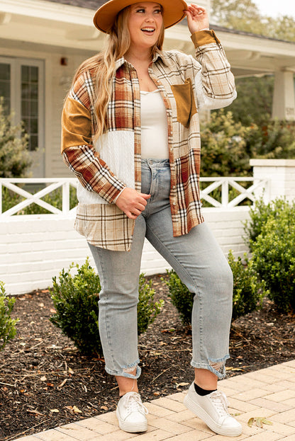 Golden Apricot Plus Size Plaid Patchwork Button up Shacket