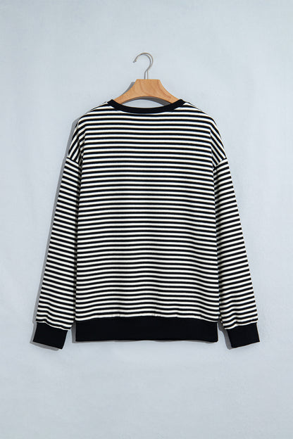 Black Stripe Velvet Bow Pattern Dropped Shoulder Loose Sweatshirt