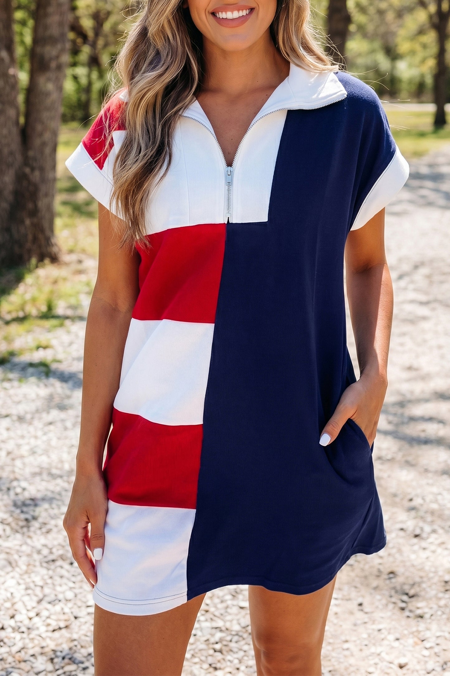 Americana Colorblock Zip Collar Flag Day Dress Independence