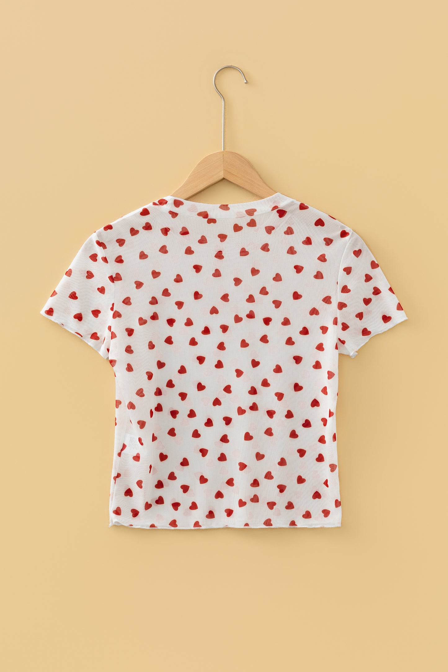 Racing Red Allover Heart Print Mesh Short Sleeve Top