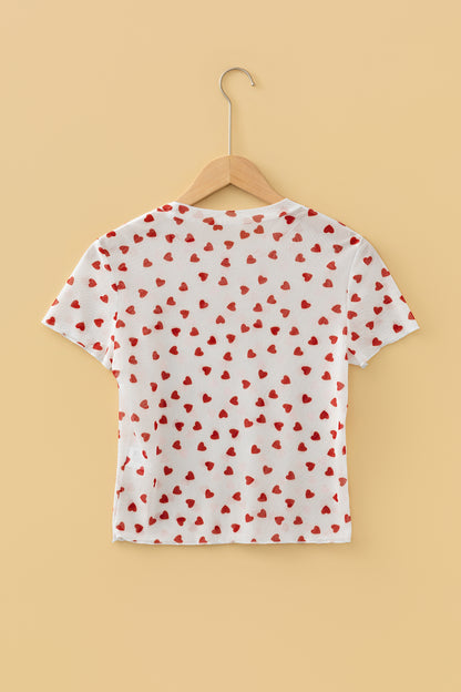 Racing Red Allover Heart Print Mesh Short Sleeve Top