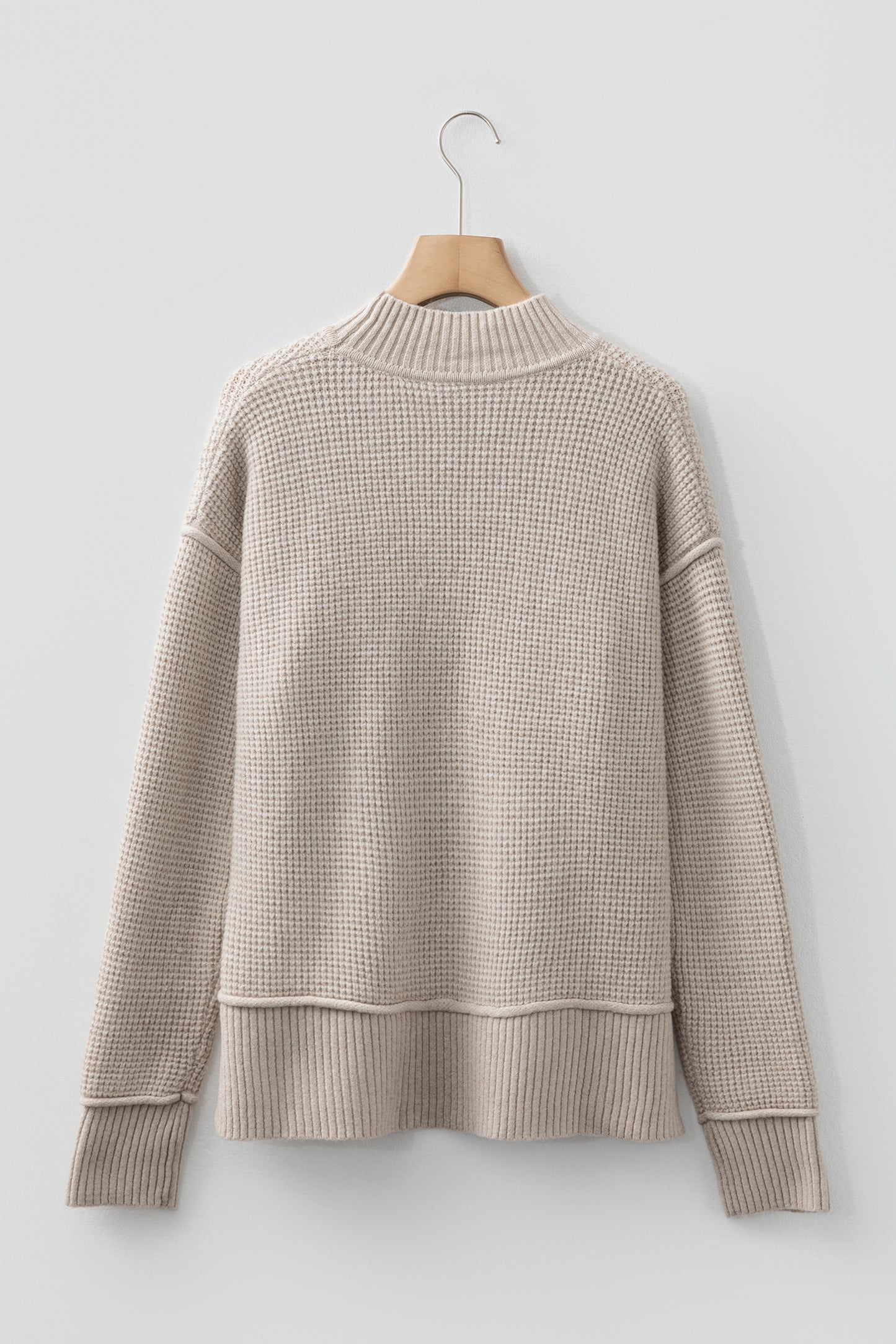 Waffle Knit High Neck Drop Shoulder Ribbed Sweater