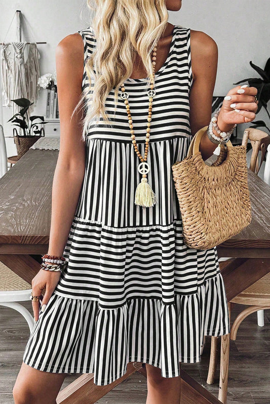 Black White Stripe U-Neck Sleeveless Loose Mini Dress
