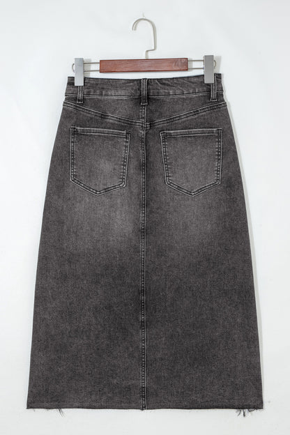 Distressed High Waist Asymmetrical Denim Midi Skirt