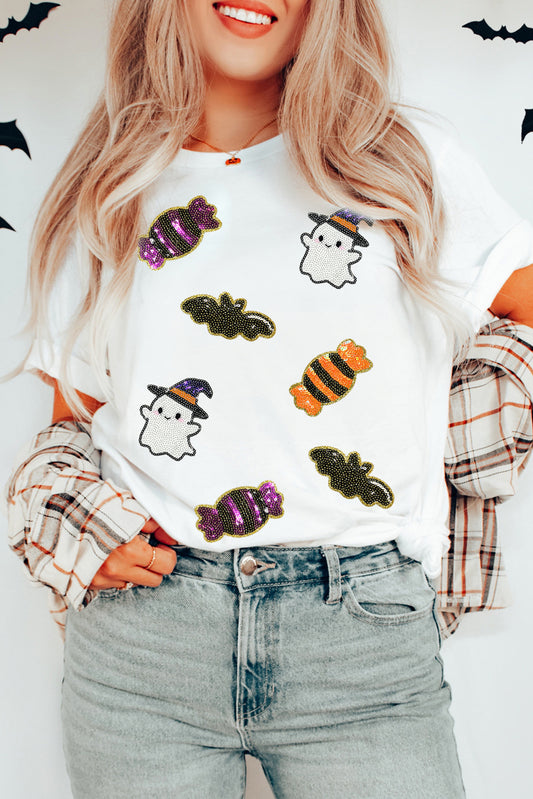 Halloween Sequin Ghost Candy Bat Graphic Casual T Shirt
