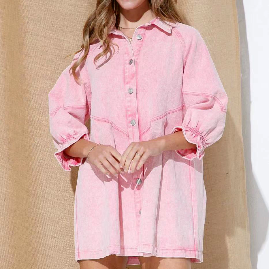 Denim Puff Sleeve Button Shirt Dress Casual Mini Dress