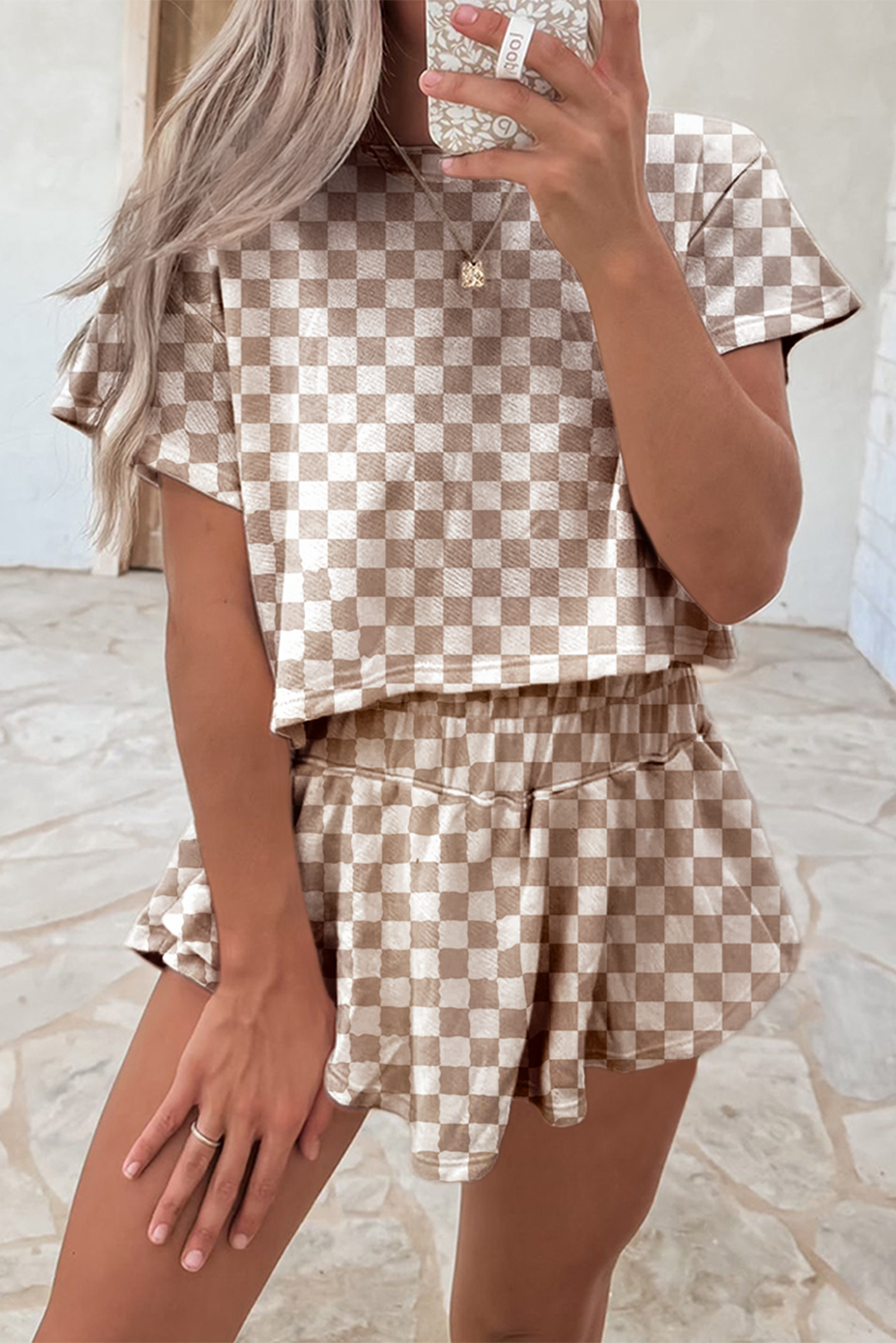 Brown Checkered Lounge Set Tee and High Waist Skort