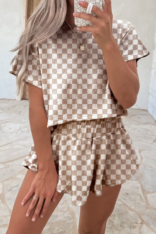 Brown Checkered Lounge Set Tee and High Waist Skort