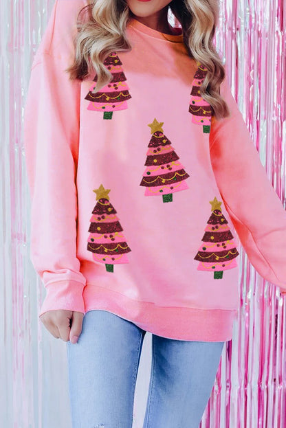 Pink Sequin Christmas Tree Graphic Drop Shoulder Sweatshirt