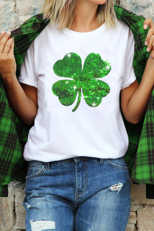 White Sequin Clover Graphic Tee for St Patrick’s Day