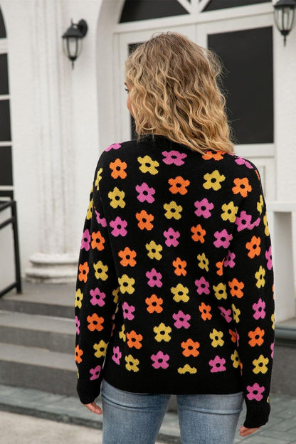 Retro Floral Print Pullover Sweater – Cozy Fall Knit