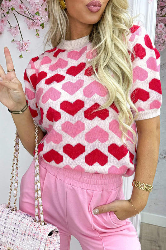 Pink Heart Print Short Sleeve Knit Sweater Valentine Top
