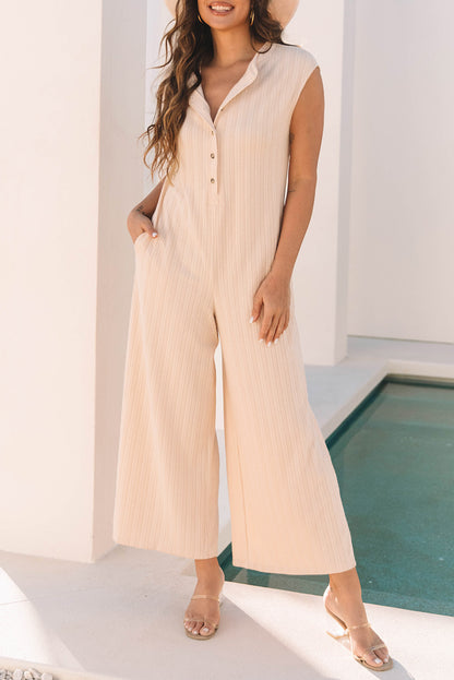Textured Wide Leg Jumpsuit Sleeveless Button Front