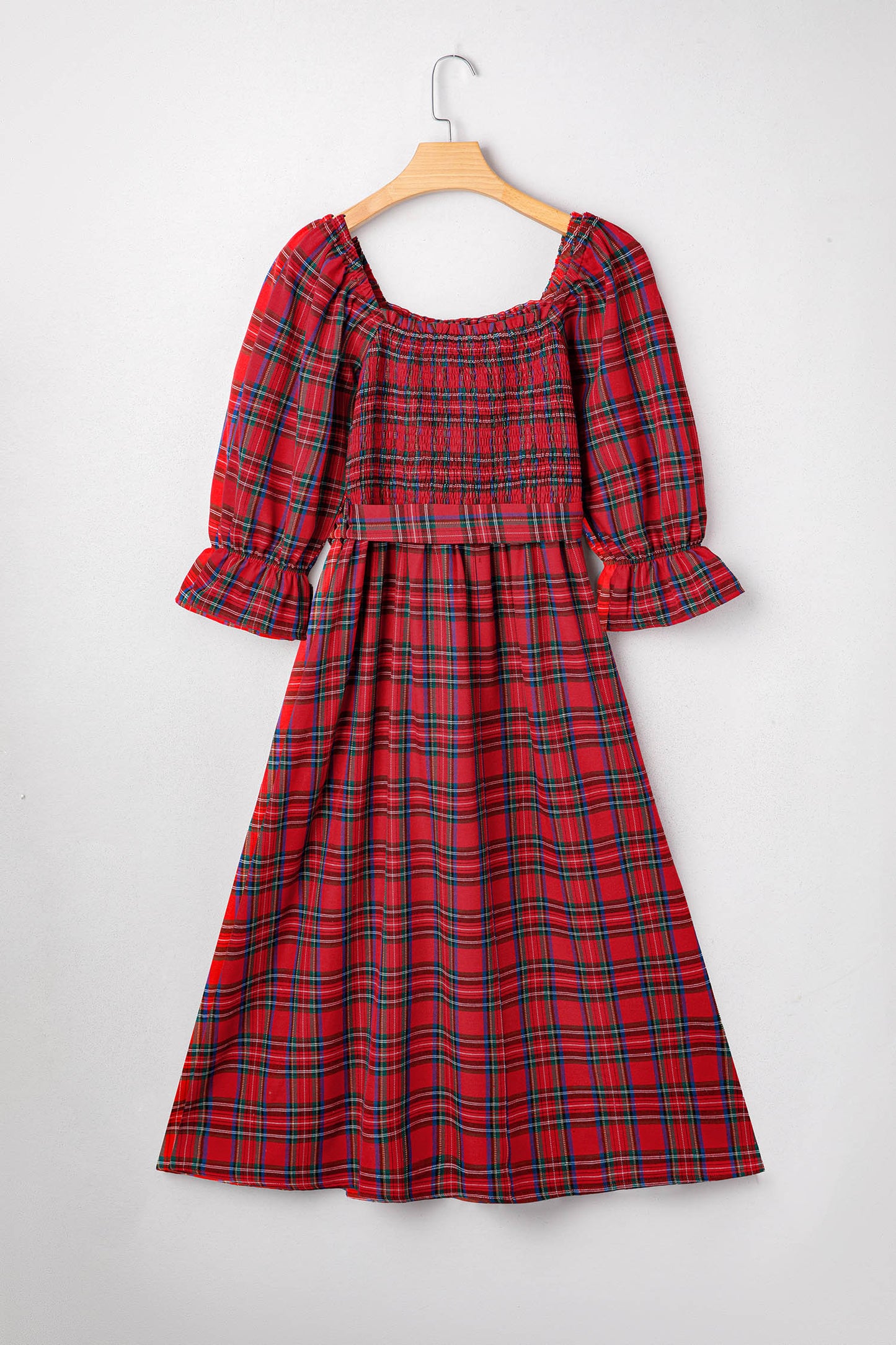 Red Tartan Plaid Puff Sleeve Smocked Waist Christmas Dress