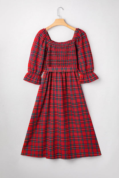 Red Tartan Plaid Puff Sleeve Smocked Waist Christmas Dress