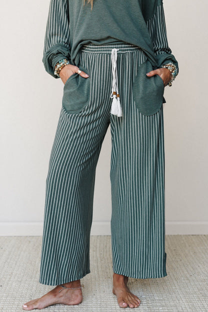 Women’s Stripe 2 Piece Lounge Set Long Sleeve Top Wide Leg Pants