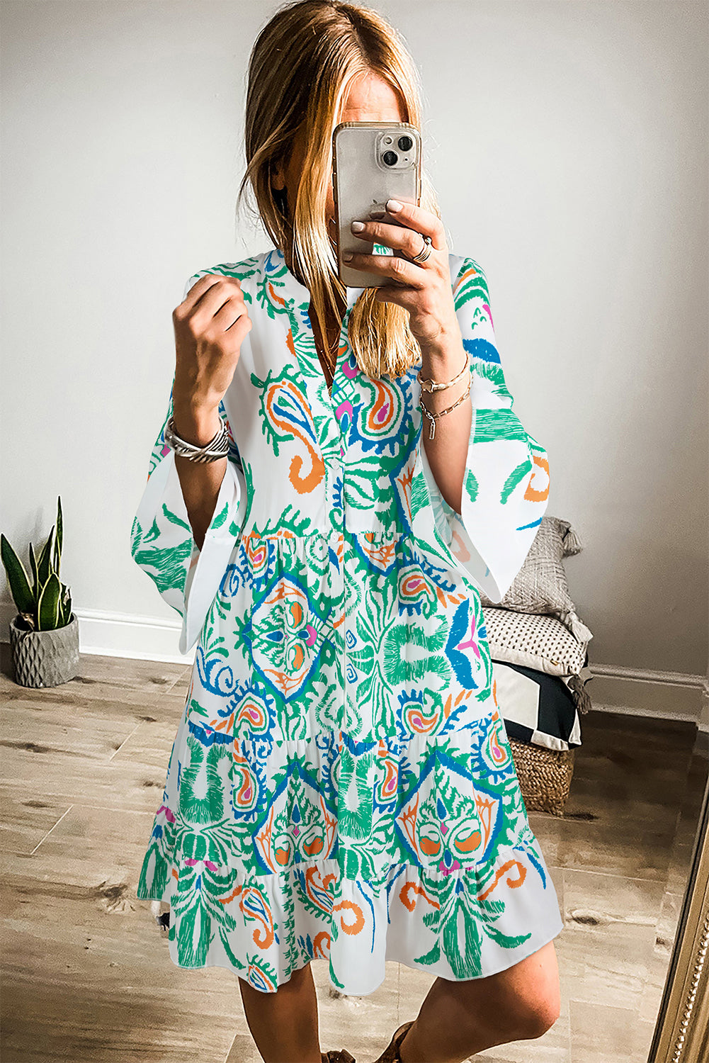 Boho Print Tiered Bell Sleeve Button Front Mini Dress