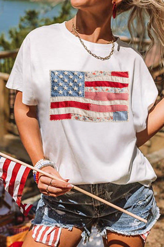 White USA Flag Patchwork Tee Independence Day Top