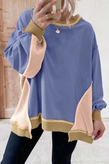 Color Block Patchwork Waffle Knit Oversized Sweatshirt