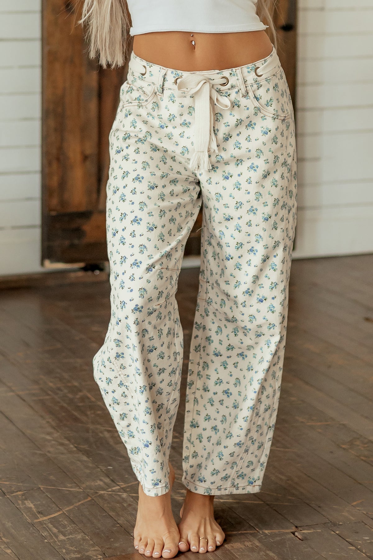 Floral Barrel Leg Drawstring Waist Casual Pants Women